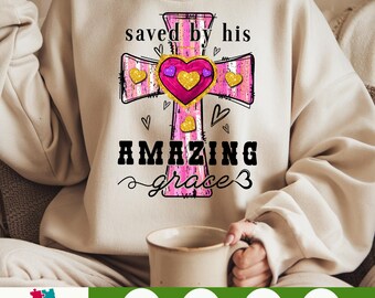 Saved By His Amazing Grace PNG, Hand Drawn Cross PNG, Watercolor Cross Clipart, Christian Religious PNG, Trendy Digital Download