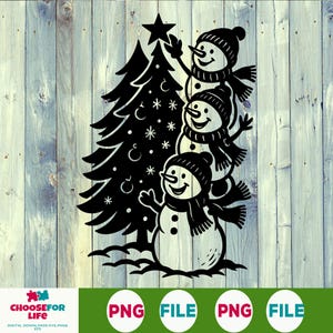 Op de afbeelding: Zwart-wit illustratie van een kerstboom en drie sneeuwmannen. De sneeuwmannen dragen hoeden en sjaals, waarbij de bovenste sneeuwman naar een ster reikt. De afbeelding heeft een wintervakantie thema.