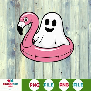 May include: A cartoon illustration of a white ghost floating in a pink flamingo pool float. The ghost has black eyes and a smiling mouth. The flamingo float has a black beak and eye. The background is a wood grain pattern.