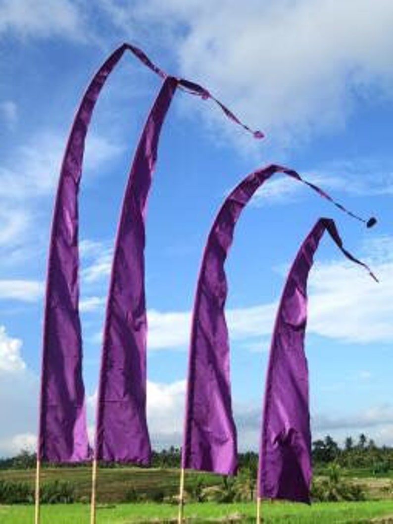 May include: Four purple fabric flags with pointed ends, hanging from bamboo poles against a blue sky. The flags are arranged in a staggered formation, with the largest flag at the back and the smallest flag at the front. The flags are all flowing in the wind.