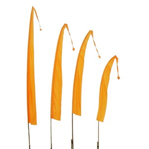 May include: Four orange fabric flags on poles, each with a rounded top and a small tassel. The flags are arranged in a row, with the largest flag on the left and the smallest flag on the right.