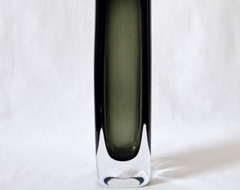 Nils Landberg for Orrefors large vintage Dusk series vase signed 3736 smokey grey green hand blown / Sweden 1958
