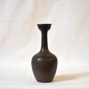 May include: A dark brown, slender vase with a rounded base and a long, narrow neck. The vase has a smooth, matte finish and stands on a white surface. The vase is likely made of ceramic or a similar material.
