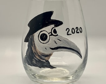 Plague Doctor 2020 Hand-Painted Stemless Wine Glass 12 oz