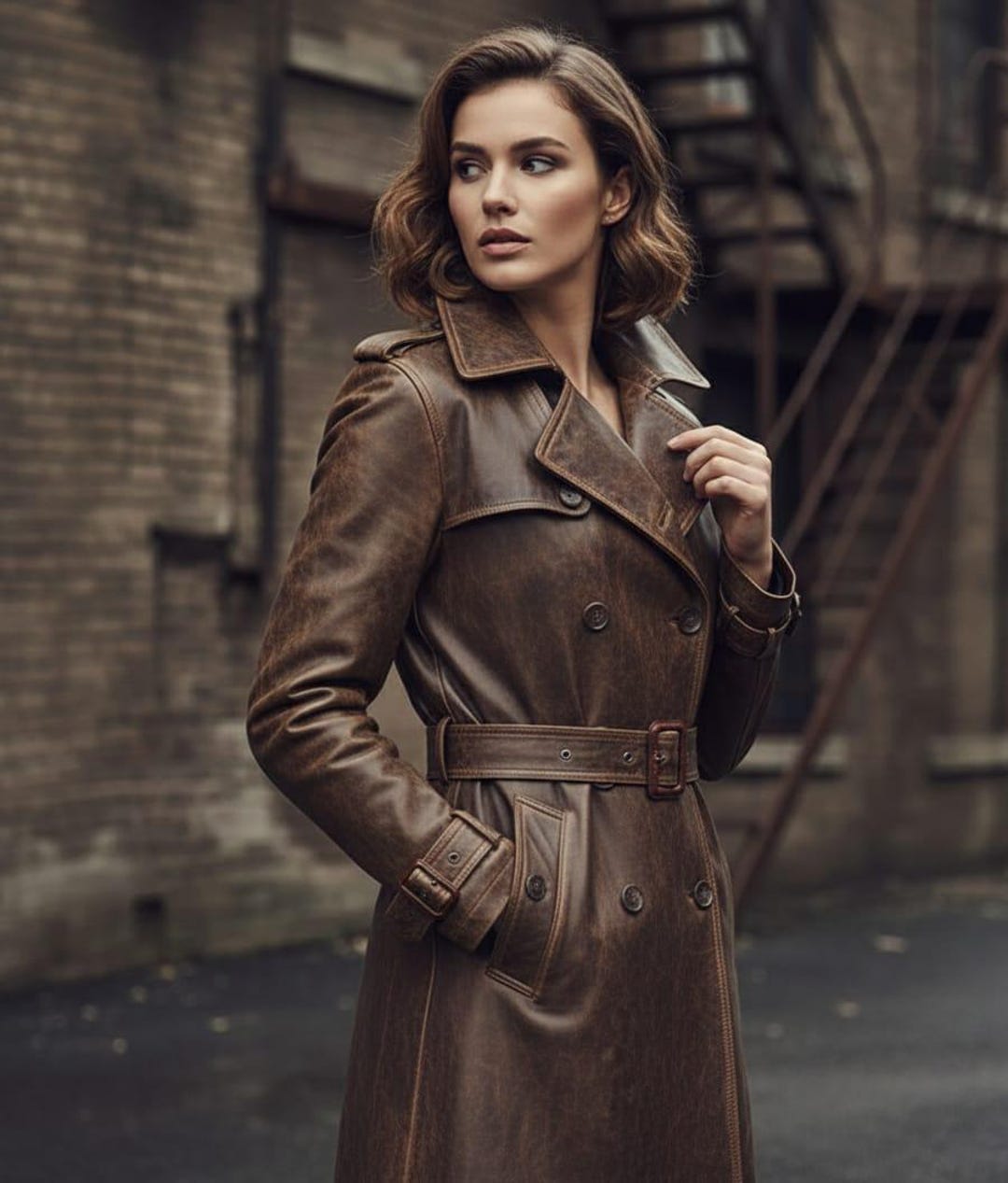 ヴィンテージ ブラウン レザー トレンチ コート - レディース ロング