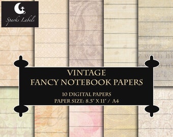 Vintage Fancy Notebook Digital Papers, fondos imprimibles, descarga instantánea, scrapbooking, efímera, diario basura, 8,5" x 11" o A4