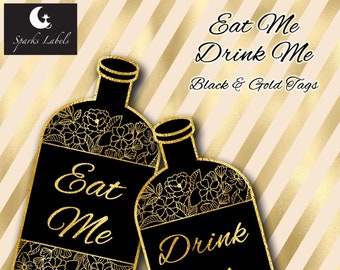 Printable Eat Me Drink Me Tags, black and gold, Alice in Wonderland, Bottle Labels, Party ideas, scrapbook, junk journal, ephemera, download
