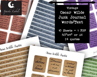 Può includere: Un set di 10 fogli stampabili di citazioni vintage di Oscar Wilde per il junk journaling. Le citazioni sono stampate su una varietà di sfondi, tra cui viola, blu e marrone. I fogli misurano 21,6 cm per 27,9 cm e includono 24 citazioni.