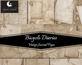 Bicycle Diaries Vintage Junk Journal Pages, Printable Ephemera Digital Papers for scrapbooking and crafts, instant download