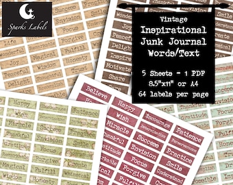 Junk Journal Words/Text, Inspirational Words, Vintage Text, Printable labels, Digital download, vintage ephemera, scrapbooking labels