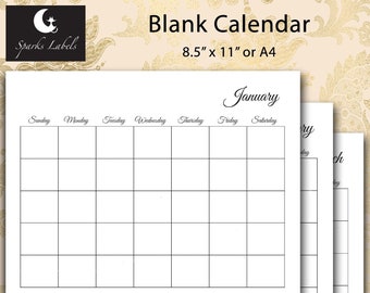 Blank Monthly Calendar, printable, minimalist, simple, horizontal, US Letter, A4, black and white, planner, notebook, daily, office, Year