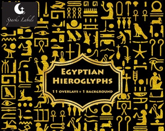 Gold Egyptian Hieroglyphs Overlays, clip art, 3600 x 3600 pixels, hieroglyphics, Digital Overlays, PNG, Commercial Use Graphics, symbols