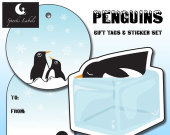 Penguin Gift Tags Holiday Labels or Stickers, Digital/Instant Download, Winter, Junk Journal, Scrapbooking, Any Occasion, Ice, Cold, Snow