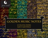 Golden Music Notes Digital Paper Backgrounds, printable, commercial use, sheet music, scrapbooking, crafts, ephemera, instant download