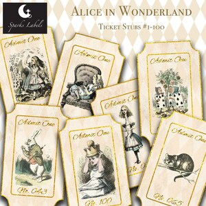 Printable Alice in Wonderland Ticket Stubs #1-100, parties, birthdays, crafting, scrapbooking, junk journal, collage, digital download