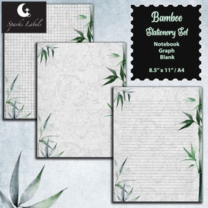 Gráfico de aquarela de bambu, caderno e papéis em branco, imprimíveis, papéis digitais, scrapbooking, diário de lixo, plantas, estacionário, bambu da sorte