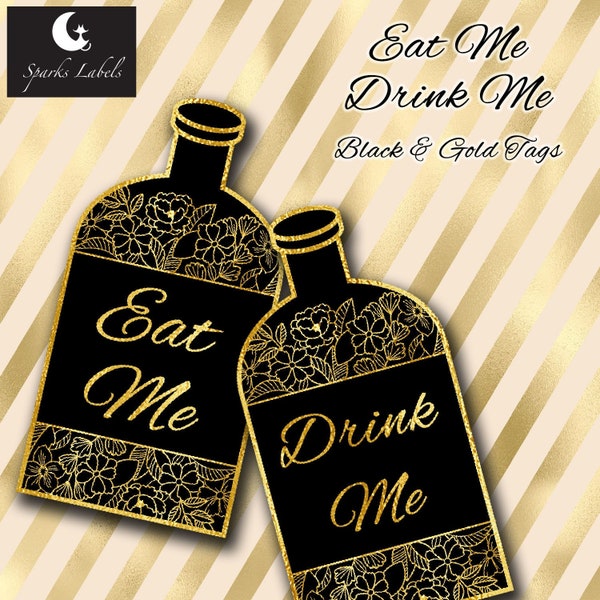 Printable Eat Me Drink Me Tags, black and gold, Alice in Wonderland, Bottle Labels, Party ideas, scrapbook, junk journal, ephemera, download