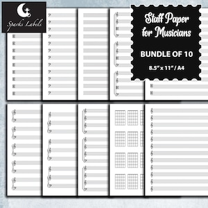 May include: A bundle of 10 printable sheets of staff paper for musicians, measuring 8.5 inches by 11 inches. The paper is designed for writing music notation and includes a treble clef, bass clef, and guitar tab.