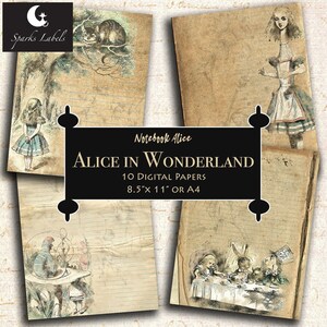 Alice im Wunderland Notizbuch digitale Papiere, druckbare Hintergründe, sofortiger Download, Scrapbooking, Ephemera, Junk Journal, 8,5 &quot;x 11&quot; oder A4