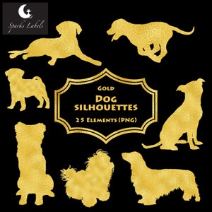 Gold Foil Hund Silhouetten, Clip Art, 25 Elemente, Digitale Overlays, PNG, kommerzielle Nutzung Grafiken, digitaler Download, Hunde Schatten, Gold Hunde