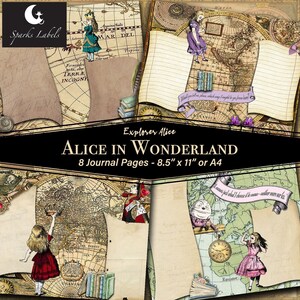 Explorer Alice in Wonderland Junk Journal Pages, printable, scrapbook, ephemera, crafts, Cheshire cat, Mad hatter, digital paper download