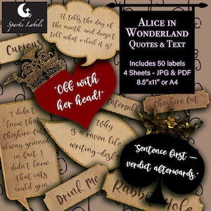 Vintage Alice in Wonderland Quotes for scrapbooking, Junk Journal Ephemera, Wonderland Words, Printable labels, Digital download, labels