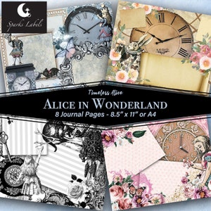 Timeless Alice in Wonderland Junk Journal Pages, stampabile, scrapbook, ephemera, orologi, gatto del Cheshire, Cappellaio matto, download di carta digitale