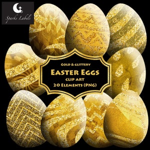 May include: Gold and glittery Easter egg clip art with 20 elements. The eggs are decorated with various geometric patterns and have a shiny, textured finish.