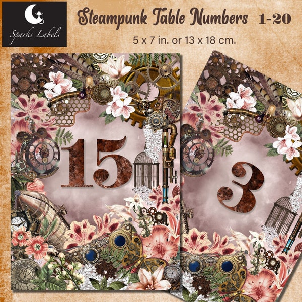 Steampunk Printable Table Numbers #1-20, Wedding, 5x7, Large Events, Parties, Auctions, Table Decorations, Signs, Cards, Gears and Clocks