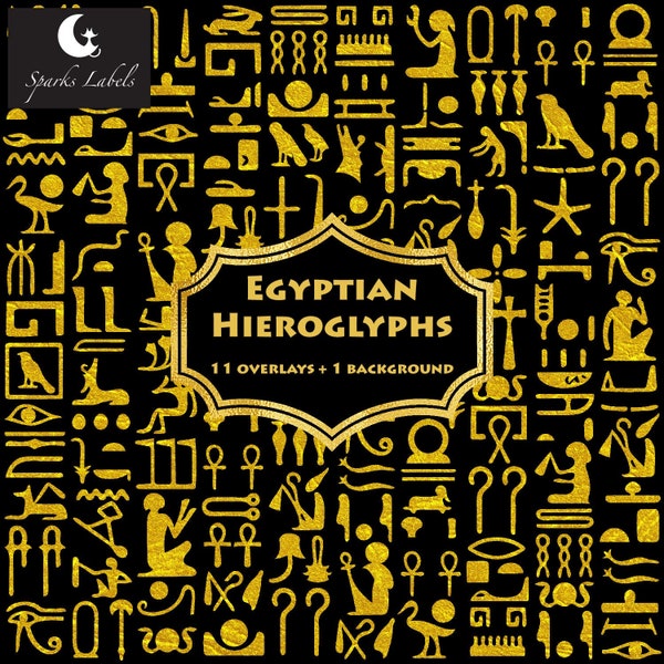 Gold Egyptian Hieroglyphs Overlays, clip art, 3600 x 3600 pixels, hieroglyphics, Digital Overlays, PNG, Commercial Use Graphics, symbols