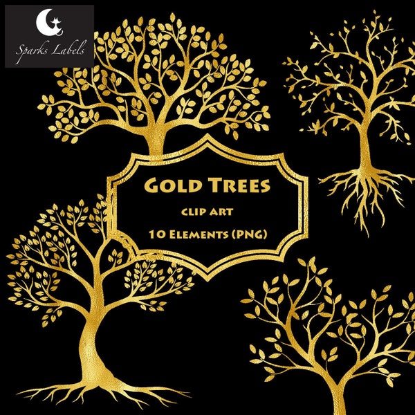 Gold Trees Clip Art, 10 Elements, Tree of Life, Digital Overlays, clipart PNG, Commercial Use Graphics, digital download, gold foil, leaves