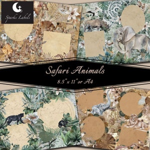 May include: A digital paper pack with a safari animal theme. The pack includes four 8.5 x 11 inch or A4 sized digital papers with images of elephants, rhinos, lions, leopards, and other jungle animals. The papers feature a vintage, watercolor style with a brown and green color scheme.