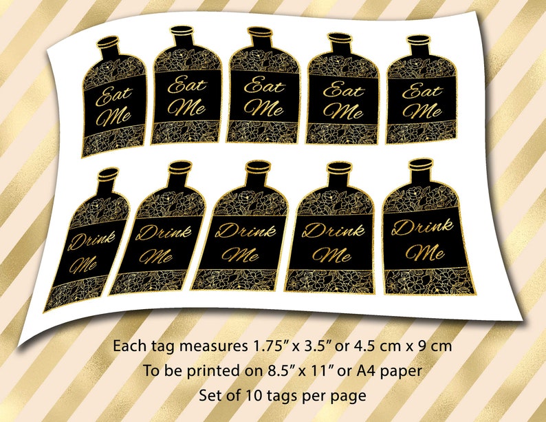 Printable Eat Me Drink Me Tags, Black and Gold, Alice in Wonderland ...