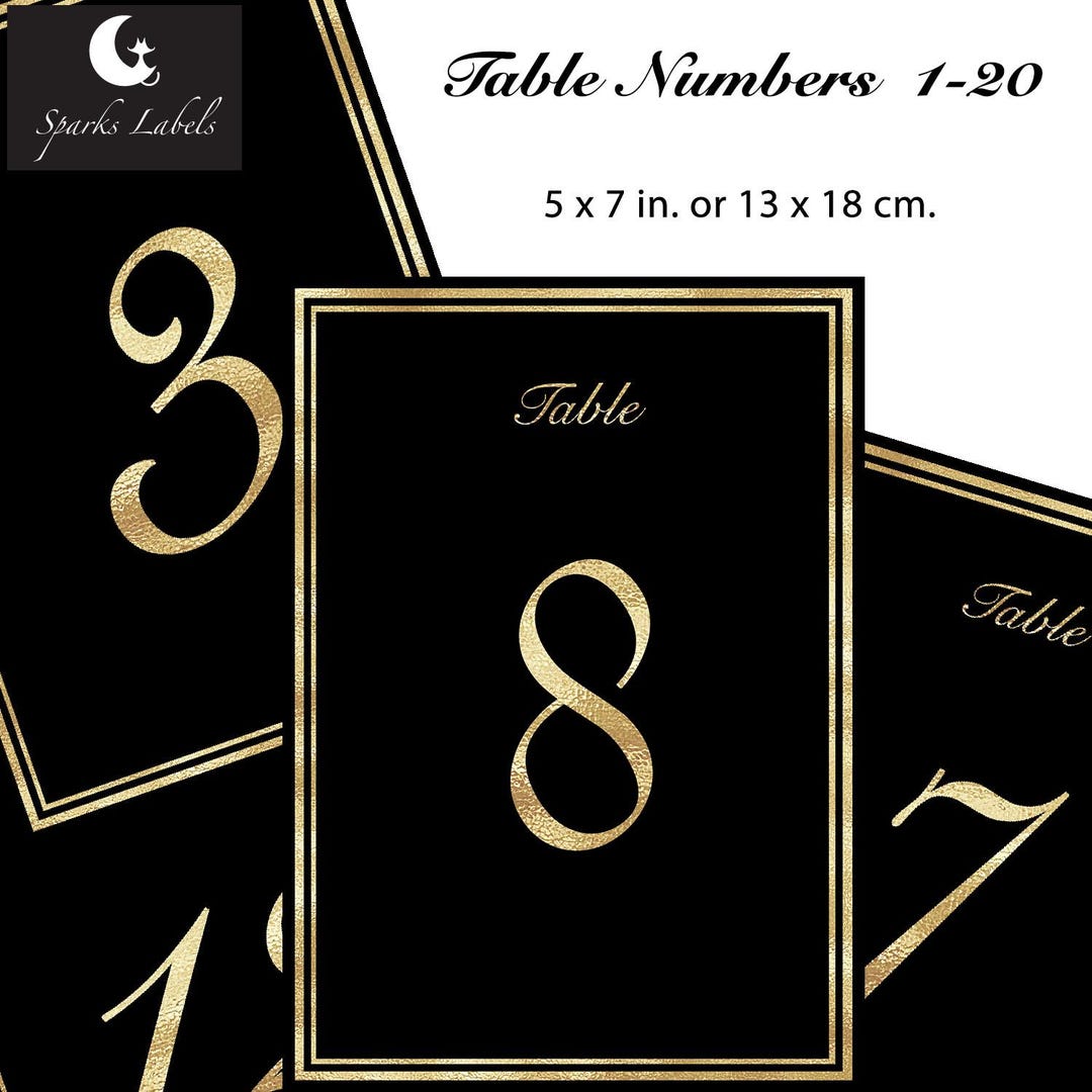 Table Numbers #1-20, Black and Gold, Wedding Table Numbers, Printable ...