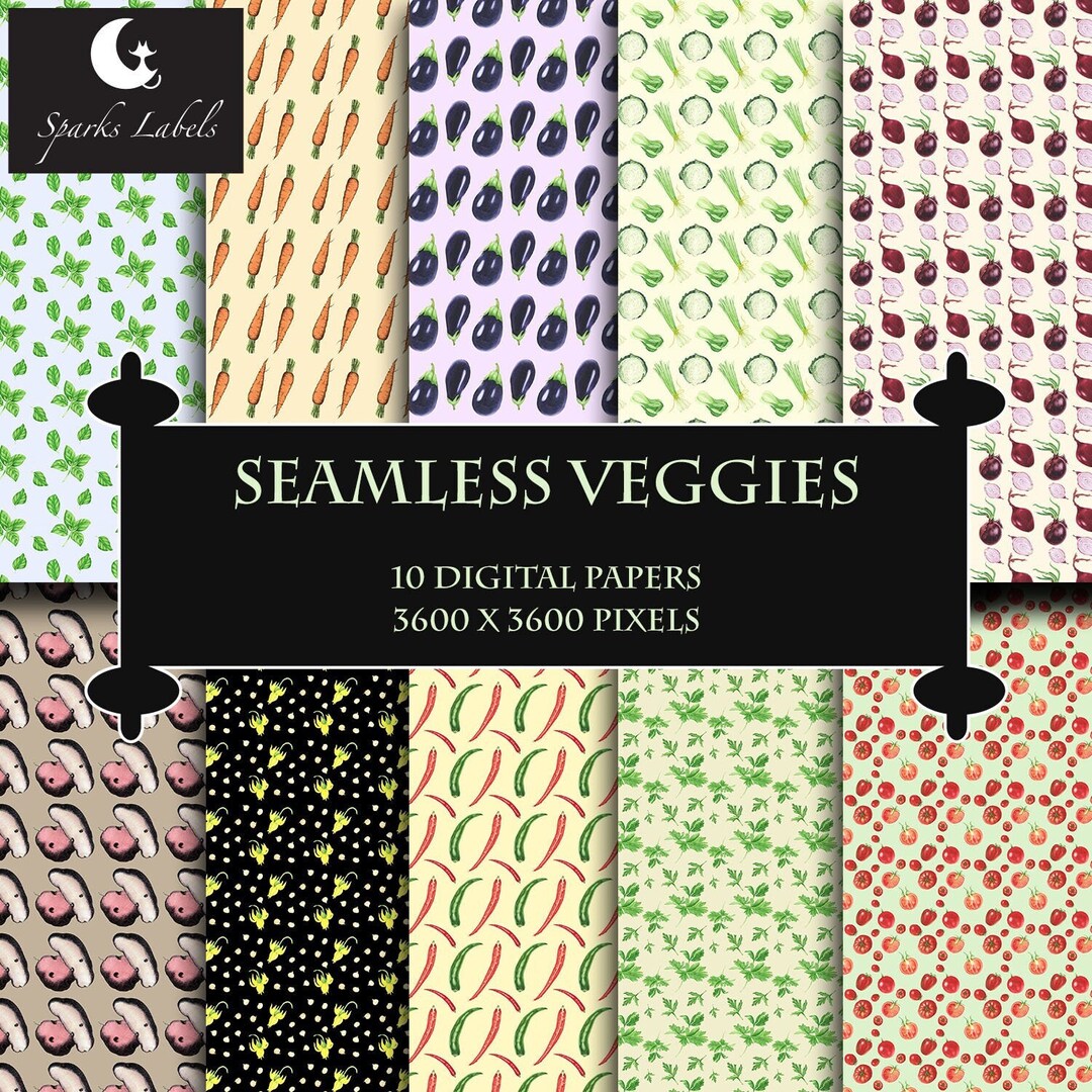 Seamless Vegetable Backgrounds, 10 Digital Papers, Instant Download ...
