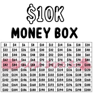 Puede incluir: Un gráfico en blanco y negro con el texto "$10K MONEY BOX" en la parte superior. El gráfico muestra una cuadrícula de números del $2 al $200 en incrementos de $2.