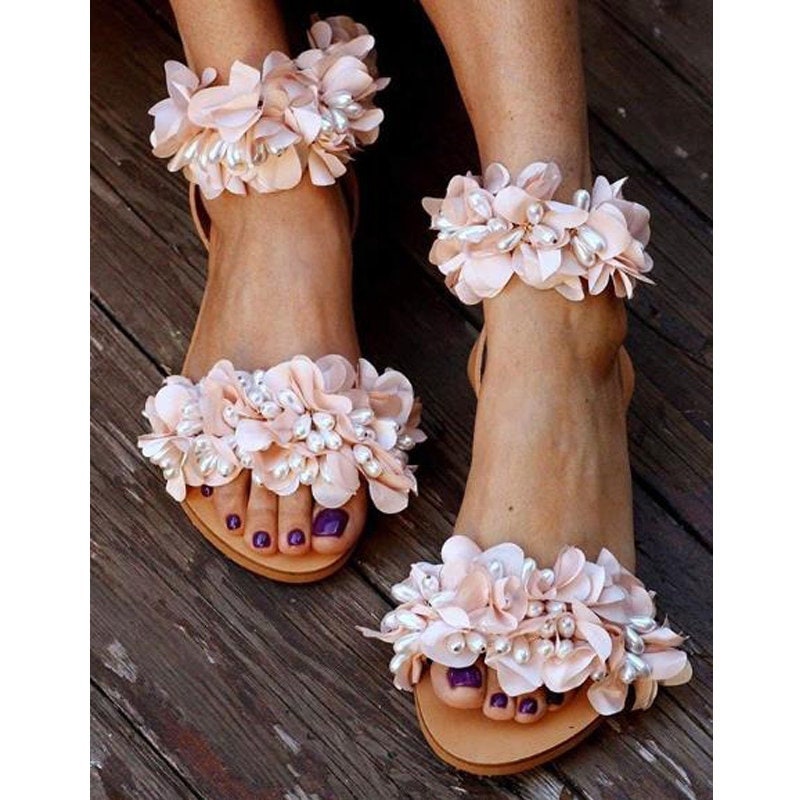 Summer Flat Sandals Women Flowers Sandals Handmade Beaded Etsy