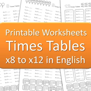 Times Tables Printable Worksheets x8 up to x12, Kids Learning Home School Math Class Schooling, calculate Multiplication DIGITAL DOWNLOAD