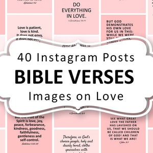 Puede incluir: Un gráfico rosa y blanco con el texto "40 publicaciones de Instagram VERSÍCULOS BÍBLICOS Imágenes sobre el amor". El gráfico presenta varios versículos bíblicos sobre el amor, incluyendo "Haz todo con amor" y "El amor es paciente, el amor es bondadoso".