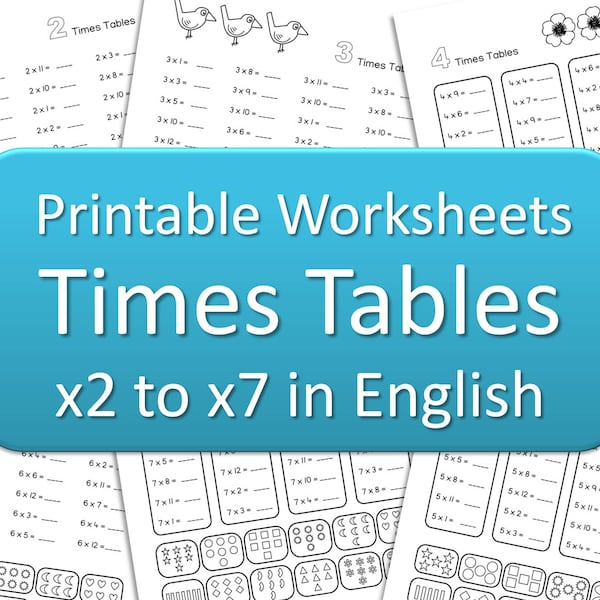 Times Tables Printable Worksheets x2 up to x7, Make Math Fun, Home School Extra Math Kids Learning, Multiplication Square, Instant Download