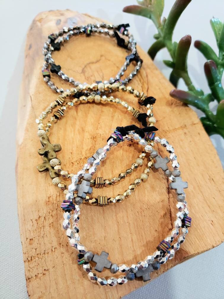 Beaded cross stretch bracelet cross bracelet stackables Etsy