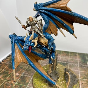 Painted 3D Printed Blue Dragon Mounted Knight Miniature  - Tabletop RPG, Dungeons and Dragons, D&D, Pathfinder mini dnd