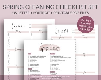 May include: Printable spring cleaning checklist set in US Letter size. The set includes weekly and monthly checklists with a pink watercolor design. The checklists are editable.