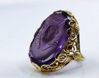 Carved Amethyst Ring, Arts and Crafts Ring, Art Nouveau Ring, 14k Gold Ring, Statement Ring, Vintage Statement Ring, Oblong Ring, Large Gem