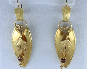 Vintage Victorian Style Gold Earrings, Victorian Style Drop Earrings, Antique 14k Gold Earrings, Gold Earrings with Garnet Gemstones