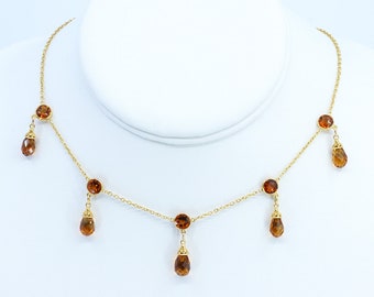 Briolette Cut Citrine Choker Vintage Festoon Gemstone Necklace 14k Gold Jewelry