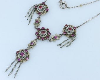 Austro-Hungarian Garnet Seed Pearl Silver Festoon Vintage Pink Gemstone Necklace