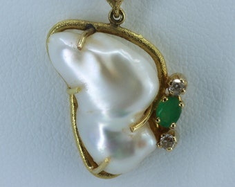 Southsea Baroque Pearl Pendant, Baroque Pearl Emerald and Diamond Pendant, 14k Gold, Southsea Pearl Jewelry, Baroque Pearl Jewelry, Vintage