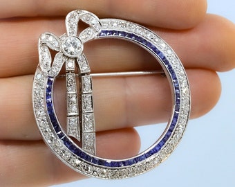 Art Deco Brooch Pendant, Diamond and Sapphire, Platinum, Convertible, Vintage Estate Jewelry, Fine Jewelry, Estate Pendant, Estate Brooch