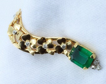 Emerald Doublet Lucky Clover Diamond Clip Brooch Shamrock Jewelry 18k Gold Vintage Pin
